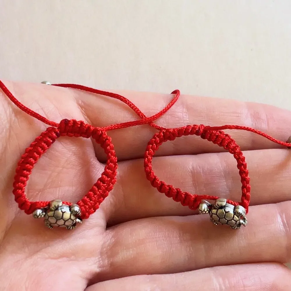 Turtle Red Adjustable Bracelet Silver Tone Charm Children's Size Handmade